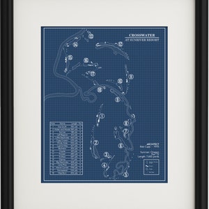 May include: A blueprint style map of the Crosswater golf course at Sunriver Resort in Oregon. The map shows the layout of the 18 holes, with numbers indicating each hole. The architect, Bob Cupp, and the year of construction, 1995, are listed. The total length of the course is 7,683 yards.