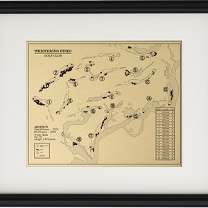 May include: A black and white diagram of a golf course called Whispering Pines Golf Club. The course is laid out on a beige background with the holes numbered 1 through 18. The course is 7,473 yards long and has a par of 72. The architects are Chet Williams and Bill O'Leary. The course was designed in 2000.