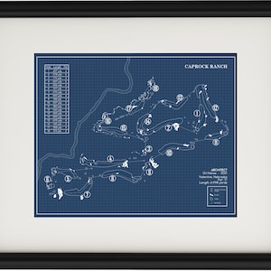 May include: A blueprint style map of the Caprock Ranch golf course. The map shows the layout of the 18 holes, with each hole numbered. The map also includes the architect's name, Gil Hanse, and the location, Valentine, Nebraska. The length of the course is 6,998 yards.