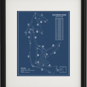 May include: A blueprint style diagram of the Southern Pines Golf Club in North Carolina. The diagram shows the layout of the 18-hole golf course with the holes numbered and the yardage for each hole listed in a table. The architect of the course, Donald Ross, is listed along with the par and total yardage of the course.