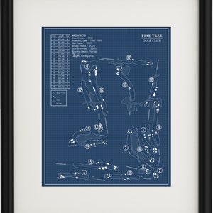 May include: A blueprint-style diagram of Pine Tree Golf Club in Boynton Beach, Florida. The diagram shows the layout of the 18-hole golf course with the hole numbers and par for each hole. The architects of the course are listed along with the dates they worked on the course.