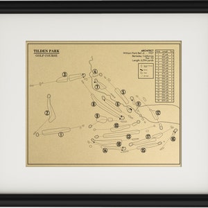May include: A vintage-style map of the Tilden Park Golf Course in Berkeley, California. The map shows the layout of the 18-hole course, with each hole numbered. The architect, William Park Bell Jr., is credited at the top of the map, along with the year the course was built, 1937. The map also includes the par for the course, 70, and the total length, 6,294 yards.