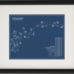 May include: A blueprint style diagram of the Crystal Downs Country Club golf course. The diagram shows the layout of the 18 holes, with each hole numbered. The diagram also includes the names of the architects, Alister Mackenzie and Perry Maxwell, and the length of the course, 6,500 yards.