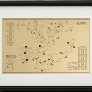 May include: A vintage-style map of the Des Moines Country Club golf course. The map shows the layout of the 18 holes, with the North and South courses labeled. The map is printed on a beige background with black lines and text.