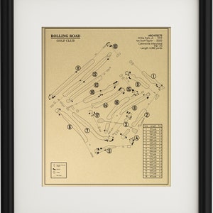May include: A black and white illustration of a golf course layout with numbered holes and yardage information. The title "Rolling Road Golf Club" is at the top of the image. The text "Architects Willie Park Jr. 1919 Ian Scott Taylor 2020 Catonsville, Maryland Par: 70 Length: 6,382 yards" is in the upper right corner.