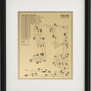 May include: A black and white diagram of a golf course layout. The course is called Pine Tree Golf Club. The diagram shows the location of each hole, the par for each hole, and the yardage for each hole. The course was designed by Dick Wilson, Joseph L. Lee, Ron Forse, Bobby Weed, and Scot Sherman.