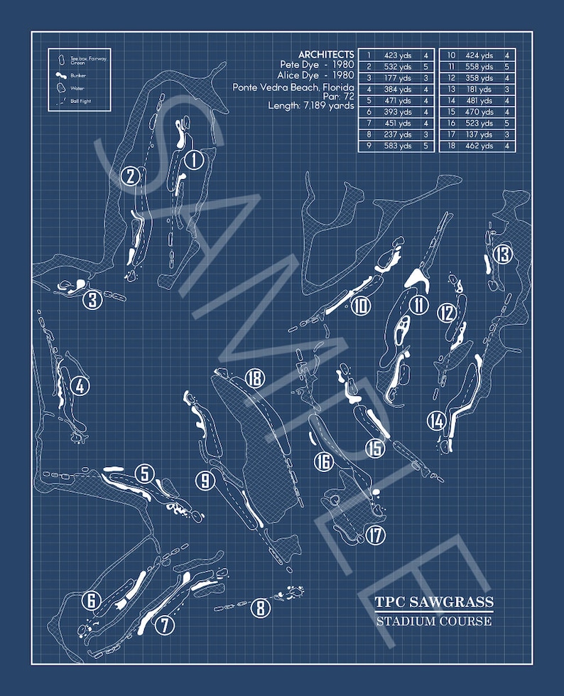 TPC Sawgrass Stadium Course Blueprint Print Etsy