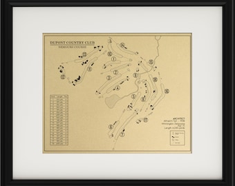 May include: A black and white illustration of a golf course layout with numbered holes and yardage information. The course is called "Dupont Country Club, Nemours Course" and was designed by Alfred H. Tull in 1938. The course is 6,230 yards long.