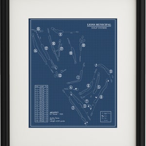 May include: A blueprint style map of the Lions Municipal Golf Course in Austin, Texas. The map shows the layout of the 18-hole course, with each hole numbered and the par for each hole listed. The map also includes the architect's name, B.F. Rowe, and the year the course was built, 1925.
