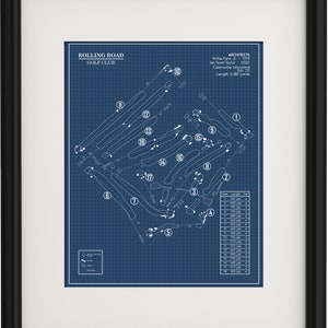 May include: A blueprint style diagram of the Rolling Road Golf Club in Catonsville, Maryland. The diagram shows the layout of the 18-hole golf course with par and yardage information for each hole.