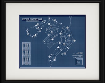 May include: A blueprint style map of the DuPont Country Club Nemours Course golf course. The map shows the layout of the 18 holes, with numbers indicating each hole. The map also includes the architect's name, Alfred H. Tull, and the year the course was built, 1938. The course is located in Wilmington, Delaware, and is 6,230 yards long.