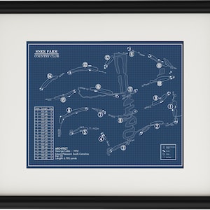 May include: A blueprint style map of the Snee Farm Country Club golf course. The map shows the layout of the 18 holes, with each hole numbered. The map also includes the architect's name, George Cobb, and the year the course was built, 1972. The course is located in Mount Pleasant, South Carolina.