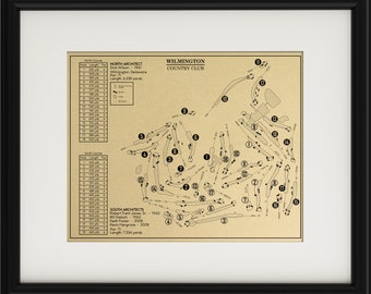 May include: A black and white diagram of a golf course layout with the name "Wilmington Country Club" at the top. The course is divided into a North Course and a South Course, with the names of the architects and the length of each course listed. The diagram shows the holes and the direction of play.