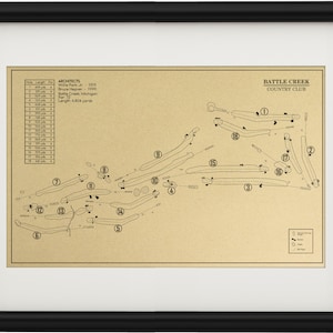 Puede incluir: Un mapa de estilo vintage del campo de golf Battle Creek Country Club. El mapa muestra la disposición de los 18 hoyos, con números que indican cada hoyo. El mapa está impreso sobre un fondo beige con líneas negras y texto. El texto incluye el nombre del campo de golf, los arquitectos y la longitud del campo.