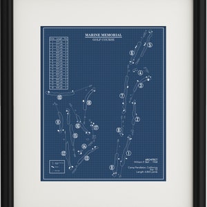 May include: A blueprint style diagram of the Marine Memorial Golf Course in Camp Pendleton, California. The diagram shows the layout of the 18-hole course with the holes numbered and the yardage for each hole listed in a table. The architect, William P. Bell, and the course's par and length are also listed.