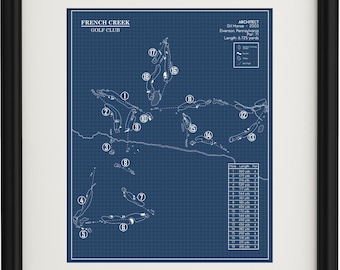 May include: Framed blueprint of the French Creek Golf Club course layout. The map is in white on a blue grid background, with course details and architect information. The frame is black.