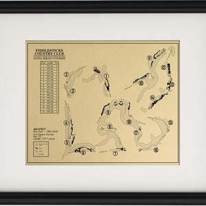 May include: A black and white map of the Fiddlesticks Country Club golf course. The map shows the layout of the 18 holes, with the par and yardage for each hole listed in a table. The architect, Ron Gart, is credited for the design of the course.