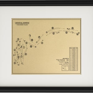 May include: A black and white diagram of a golf course layout, titled "Crystal Downs Country Club". The diagram shows the 18 holes of the course, with the hole numbers marked on each hole. The diagram also includes the architects of the course, Alister Mackenzie and Perry Maxwell, and the length of the course, 6,500 yards.