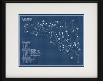 May include: A blueprint style diagram of a golf course layout. The Fox Chapel Golf Club is located in Pittsburgh, Pennsylvania. The course was designed by Seth Raynor in 1925 and has been updated by Brian Silva and Tom Doak. The course is 6,703 yards long.