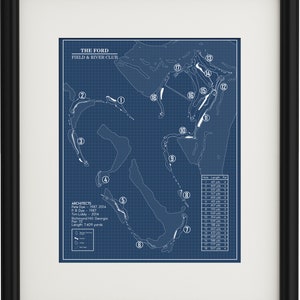 May include: A blueprint style map of The Ford Field & River Club golf course. The map shows the layout of the 18 holes, with each hole numbered. The map also includes the hole length and par for each hole. The map is on a blue background with white lines.