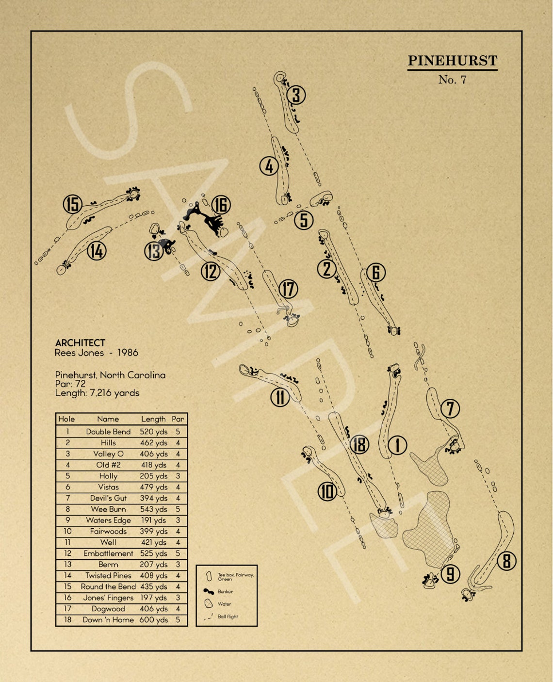 Pinehurst No. 7 Golf Course Outline print - Etsy
