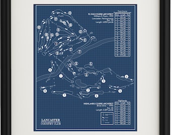May include: A blueprint style diagram of the Lancaster Country Club golf course in Pennsylvania. The course is divided into two sections: Flynn Course and Highlands Course. Each section includes a list of hole numbers, lengths, and par values.