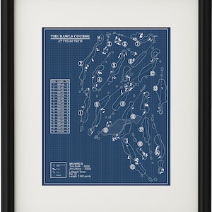 May include: A blueprint style diagram of The Rawls Course at Texas Tech, a golf course designed by Tom Dook and Jim Urbina. The diagram shows the layout of the 18 holes, with each hole numbered and labeled with its length in yards.