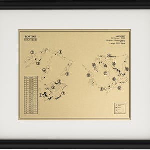 May include: Framed print of the Boston Golf Club course layout. The map is on a tan background with black lines and text, including the architect's name and course details. The print is in a black frame with a white mat.