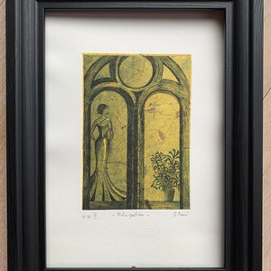 Fine Art Etching of a Waiting Lady. Original hand pulled print. Title: “Anticipation”.