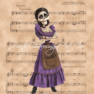 Pu&ograve; includere: Una partitura musicale stampabile per la canzone "La Llorona" del film "Coco". La partitura presenta un'immagine di cartone animato di Mama Imelda, un personaggio del film, che indossa un vestito viola e un grembiule marrone. Il testo "Slowly, freely" e "Mama Imelda" &egrave; visibile sulla partitura.
