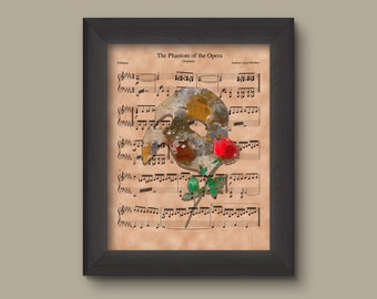 May include: A vintage sheet music print of the Phantom of the Opera overture with a painted mask and red rose overlayed on the music.