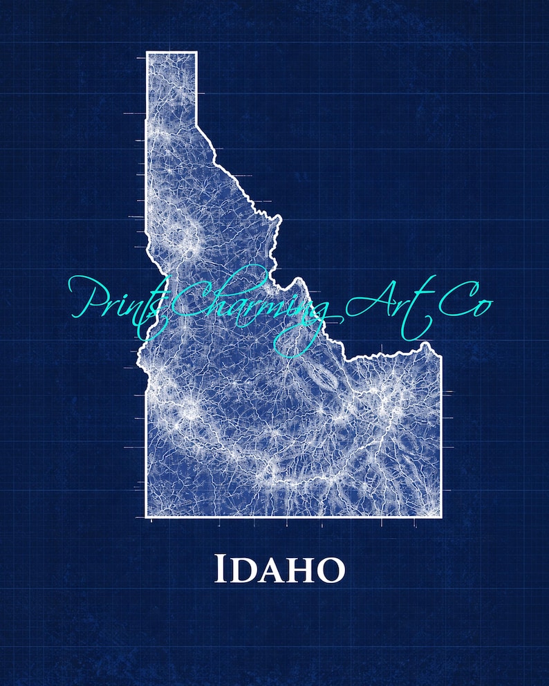 Idaho Blueprint Map Print | Idaho Wall Art | Idaho State Poster ...