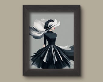 Black and White Modern Couture Woman Art Print – Minimalist Fashion Illustration