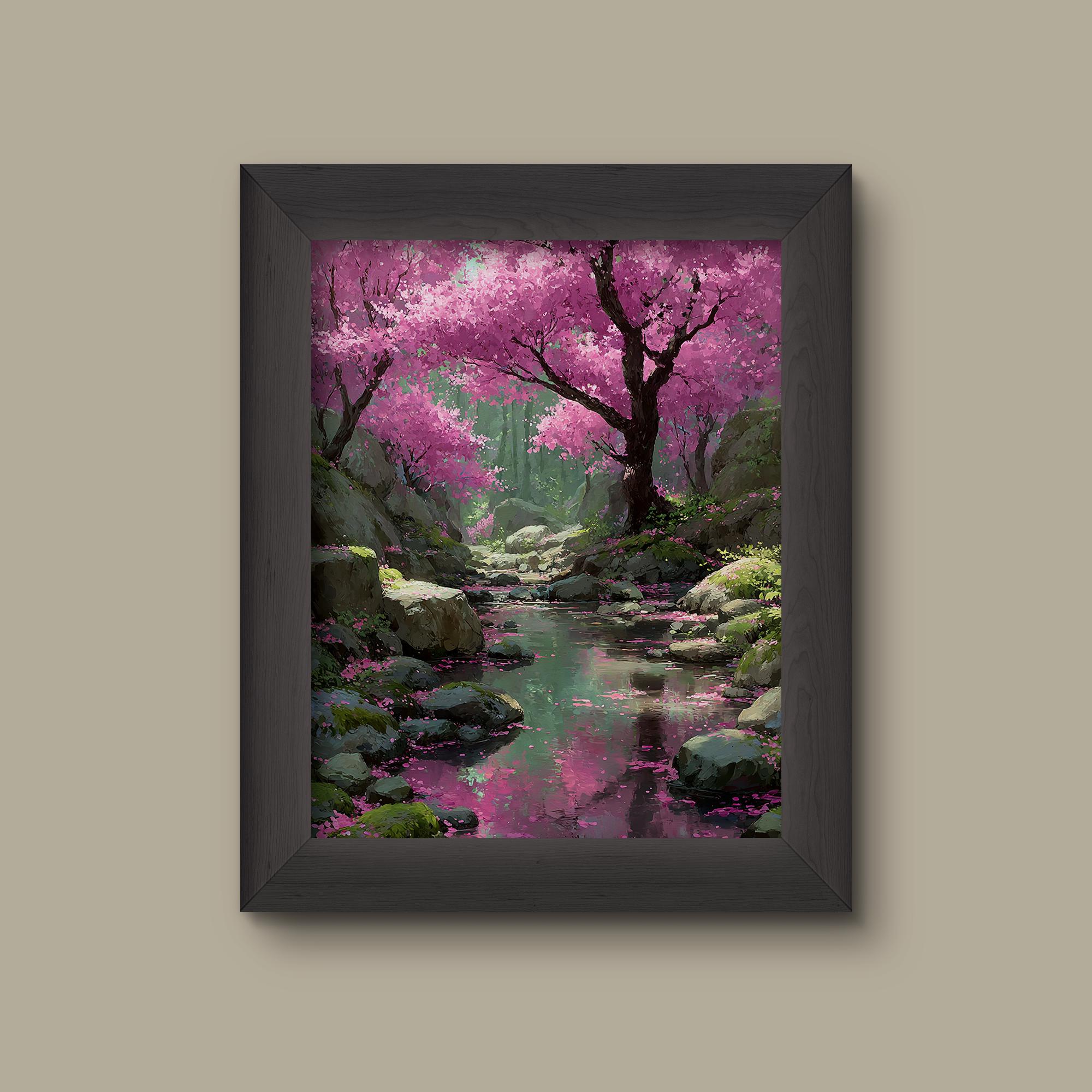Cherry Blossom Forest Stream Art Print – Serene Sakura Landscape