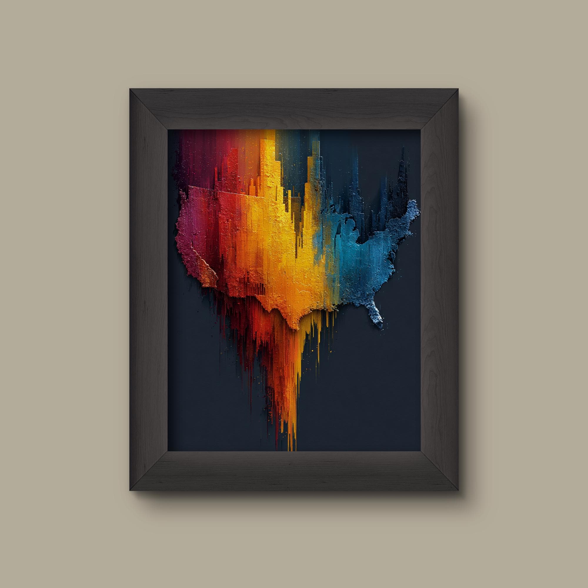 Colorful Abstract USA Map Wall Art – Dripping Paint Texture
