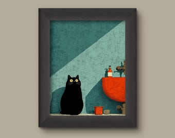 Vintage Black Cat Art Print - Retro Cat Bathroom Wall Decor - Funny Cat ...