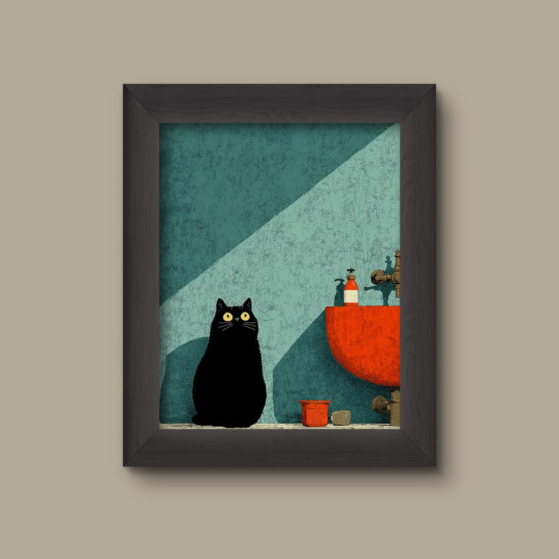 Black Cat Bathroom Art Print – Retro Wall Decor - Etsy