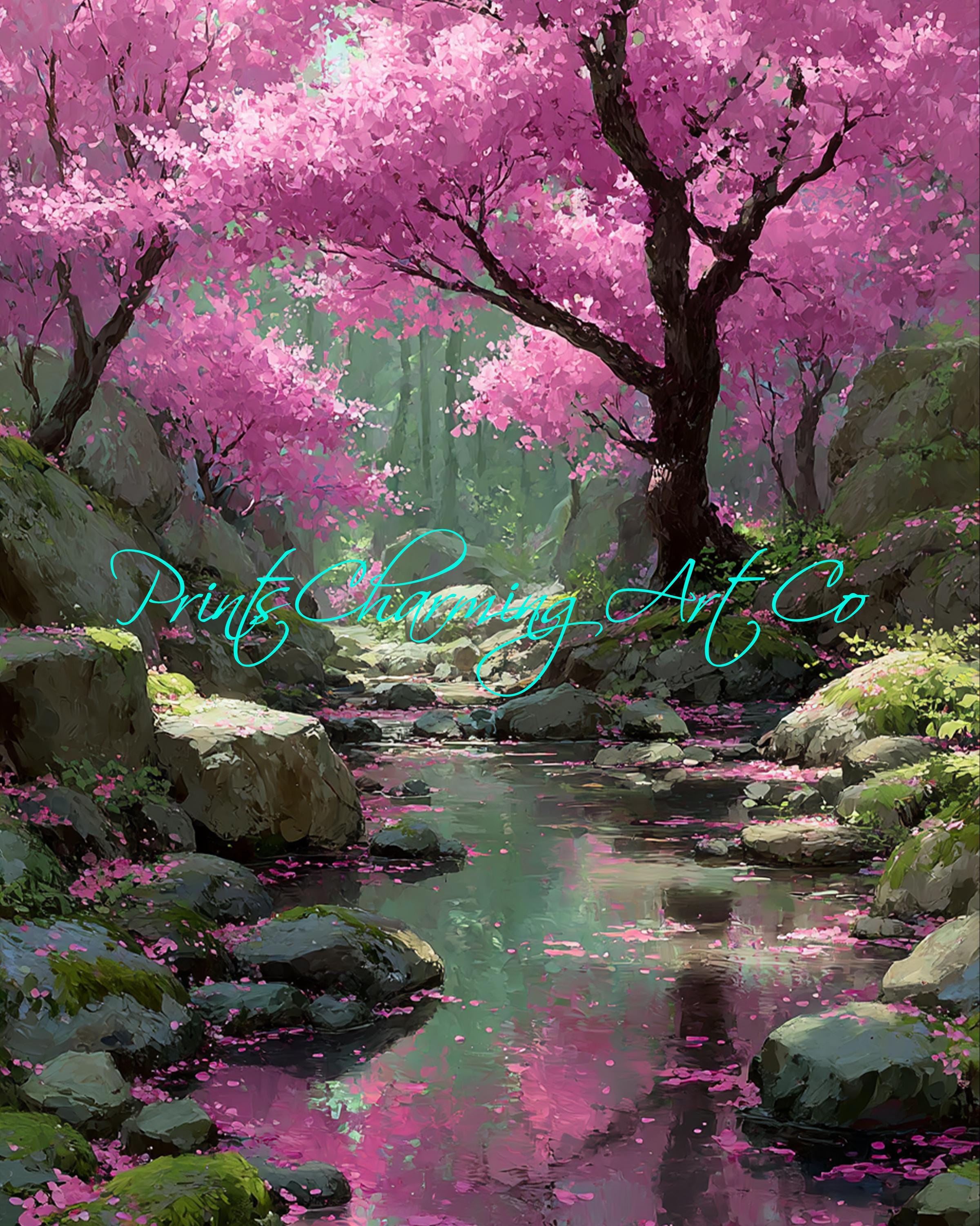 Cherry Blossom Forest Stream Art Print – Serene Sakura Landscape