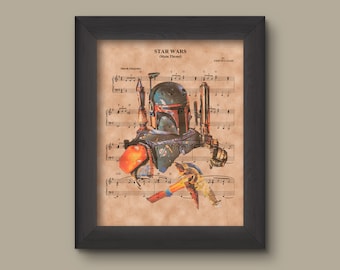 Disney Star Wars Theme Sheet Music Art Print, Boba Fett, Star Wars Trilogy Art print, Slave I Ship,
