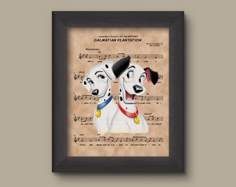 May include: A vintage-style print of Dalmatian Plantation sheet music from Disney's 101 Dalmatians. The print features a cartoon illustration of two Dalmatian puppies with a red and blue collar, looking up and smiling. The sheet music is printed on a cream-colored background with brown musical notes.