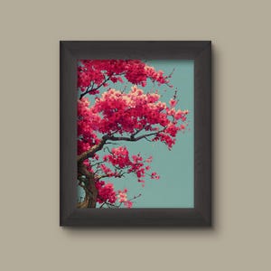 Cherry Blossom Tree Branch Wall Art – Pink Sakura Flowers on Blue Sky – Japanese Spring Botanical Print