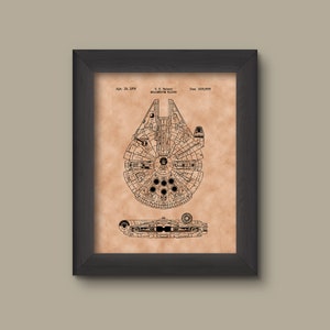 May include: A vintage-style illustration of a spaceship, the Millennium Falcon, with the text "U.S. Patent, Millennium Falcon, Apr. 19, 1979, Des. 208,488".