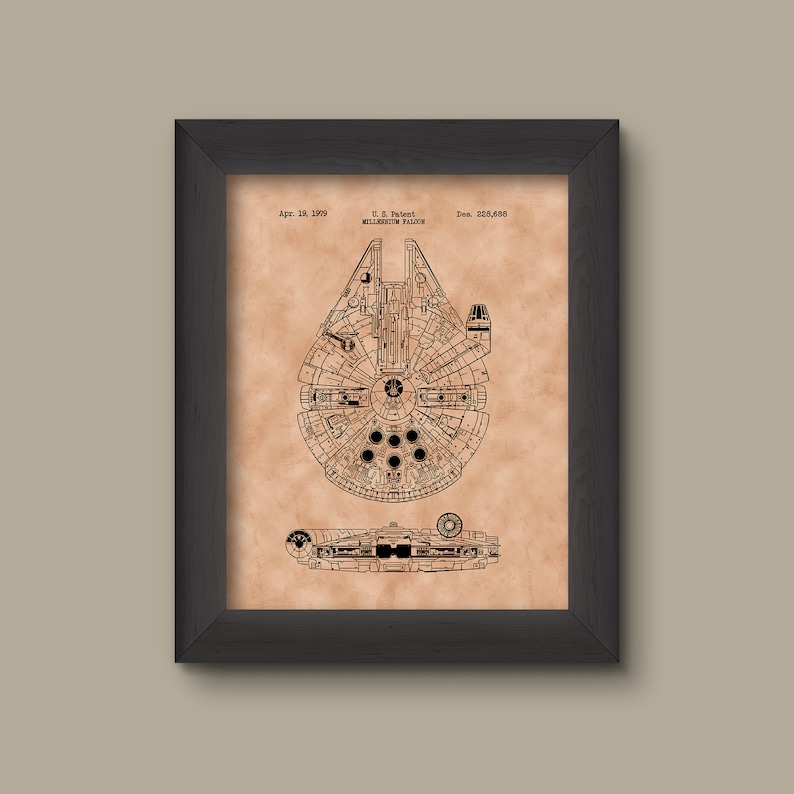 May include: A vintage-style illustration of a spaceship, the Millennium Falcon, with the text "U.S. Patent, Millennium Falcon, Apr. 19, 1979, Des. 208,488".