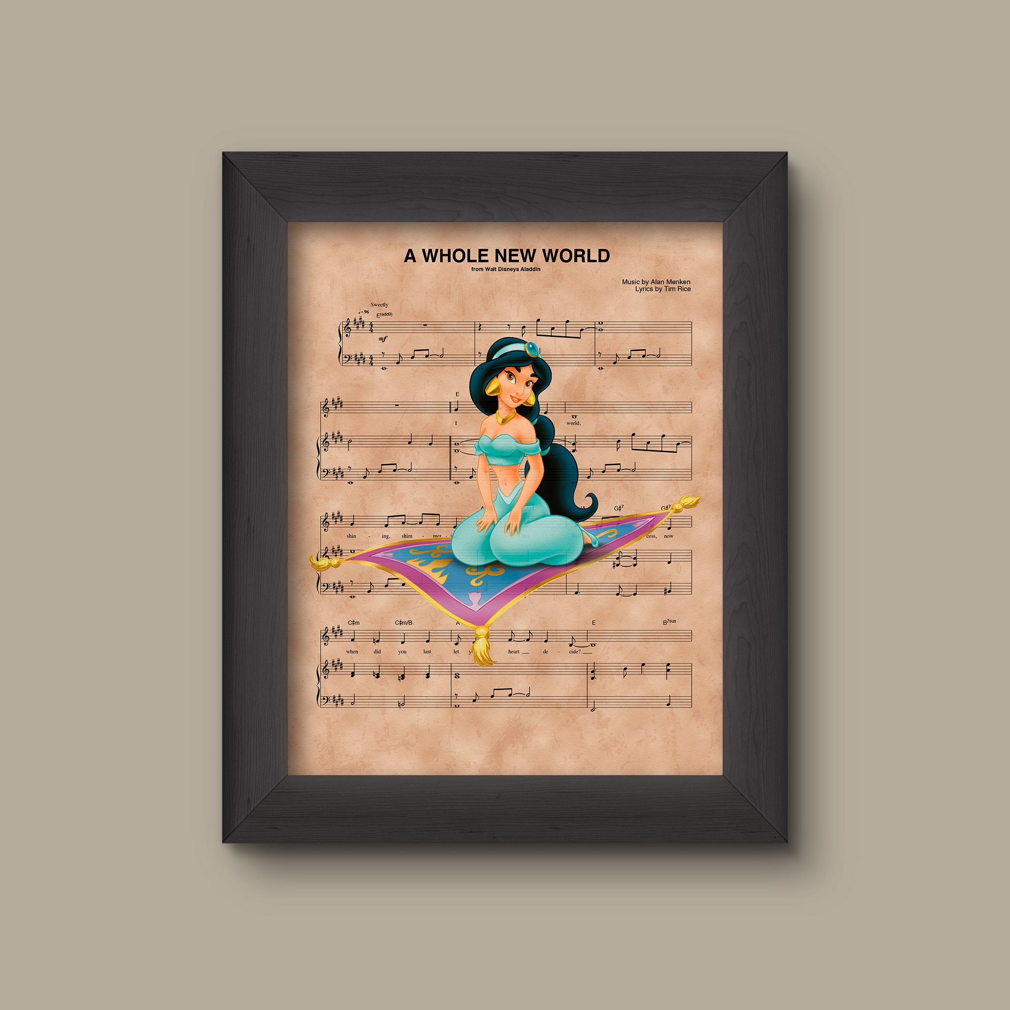 Aladdin Jasmine A Whole New World Sheet Music Art Print Etsy