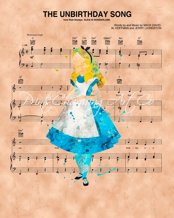 Alice In Wonderland Watercolor The Unbirthday Song Sheet Etsy etsy