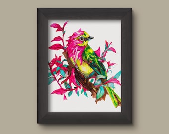 Tropical Bird Art Print – Vibrant Watercolor-Inspired Green and Pink Bird Illustration | Colorful Jungle Wall Decor