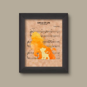 May include: A watercolor painting of a lion and a cub silhouetted against a sheet of music for the song "Circle of Life" from the movie The Lion King. The music is printed on aged paper with a yellowed hue.
