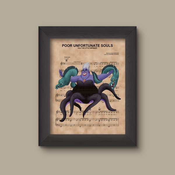 Disney Little Mermaid, Ursula with Flotsam and Jetsam Sheet Music Art Print, Little Mermaid Gift, Poor Unfortunate Souls Sheet Music Art