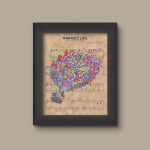 UP Watercolor House and Balloons, Married Life Sheet Music Art Print, Disney Nursery Gift, Disney Wall Decor