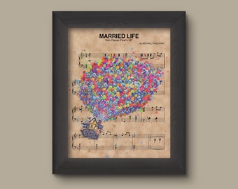 Lámina artística de la casa y los globos de acuarela de UP, partitura de "Vida de casados", regalo de Disney para guardería, decoración de pared de Disney